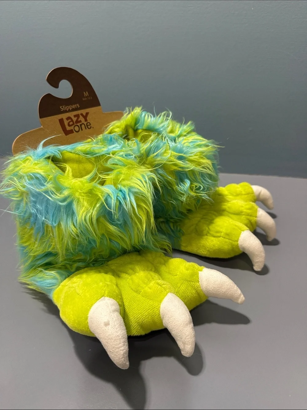 Lazy One Neon Green & Aqua Fuzzy Monster Claw Slippers